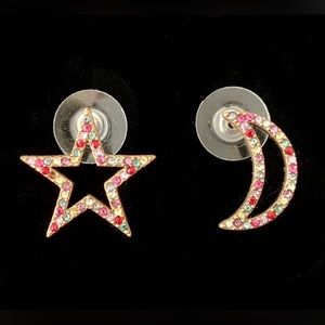 J. Crew pierced ears earrings. Rainbow color pavé “gems” on a star and a moon.